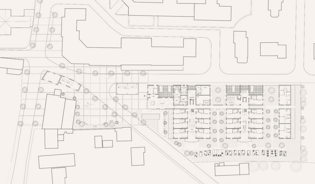 Plan urbain du projet JARDIN D'HIVER mené par OUEST ATELIER D'ARCHITECTURE - Construction d'une résidence séniors à Annoville (50 Manche) dans le cadre de l'appel à idées "Silver Habitat" proposé par la CARSAT Normandie et les CAUE Normands