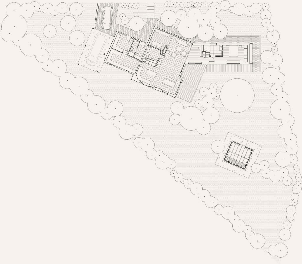 Plan RDC du projet PETIT BOIS mené par OUEST ATELIER D'ARCHITECTURE : Extension d'une maison à Plaintel (22 Côtes d'Armor) et construction d'un carport et d'un abri-jardin en autoconstruction